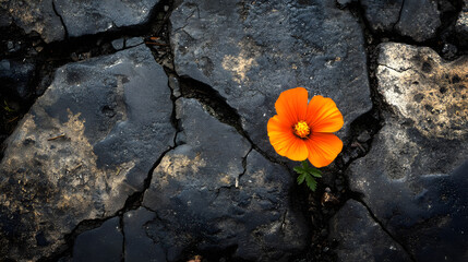 A vibrant orange flower blooms defiantly in a cracked, barren landscape, symbolizing resilience and hope amidst adversity.