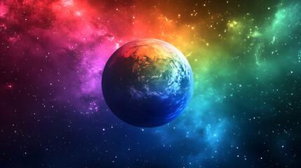 Obraz premium A vibrant, colorful depiction of Earth set against a cosmic background of swirling galaxies and stars.