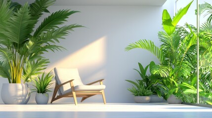 Fototapeta premium Bright minimalist interior featuring a chair and lush plants