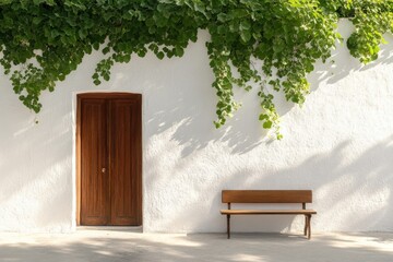 Inviting wooden door beneath lush green vines with a simple bench along a sunlit white wall