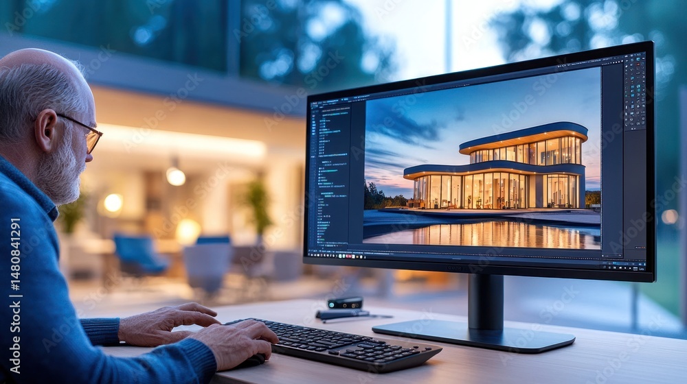 Poster Man working on computer displaying architectural design of house