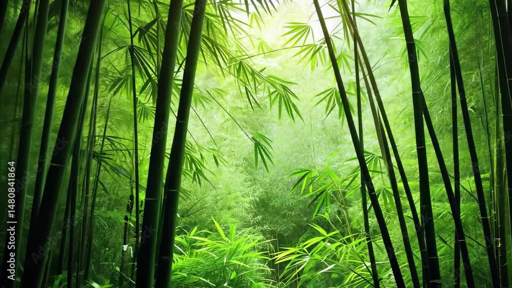 Poster lush green bamboo forest with soft sunlight filtering through foliage in a tranquil natural setting