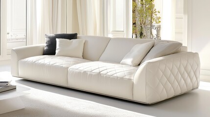 Elegant white leather sofa with pillows in a bright room