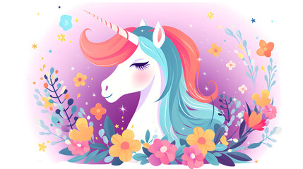 Whimsical Unicorn Design with Decorative Flowers, Leaves, and Stars for Fantasy Magical Themes