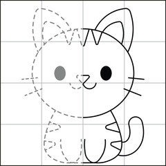 cute and simple cat drawing sketch with grid to learn how to draw for kids with gray dots trace drawing