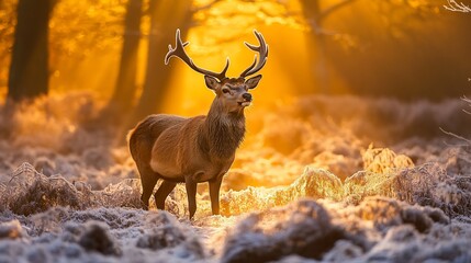 Majestic deer in golden sunrise forest