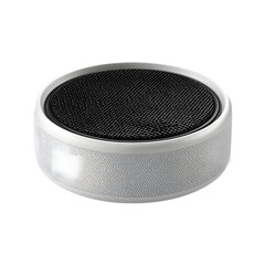 Sleek and modern portable round audio speaker with a white textured base and black grille, isolated on a white background.