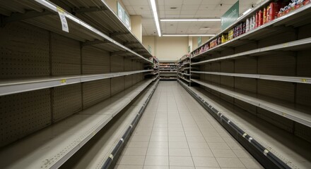Empty Supermarket Aisles: A Candid Shot - A candid shot of bare supermarket shelves symbolizes scarcity, shortage, economic hardship, supply chain issues, and consumer anxiety