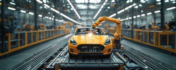 Automated assembly line; robotic arm installing components on yellow vehicle