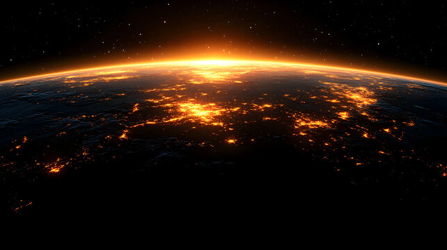 Earthrise at dawn, city lights illuminate the night side, showcasing the planet's beauty and human impact