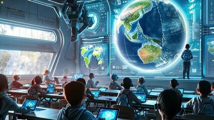 Students engage with advanced technology in a futuristic classroom featuring a holographic globe and digital learning tools - Powered by Adobe