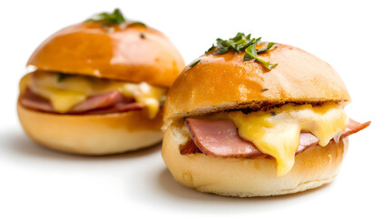 Tasty sandwiches with ham and melted cheese isolated on white