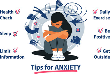 Self care concept. Tips for anxiety management. Woman with anxiety disorder on transparent background.