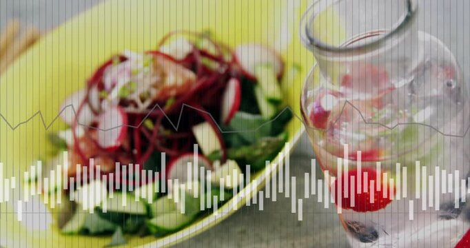 Displaying yellow salad bowl with beet spirals, radish, cucumber and greens under translucent bars