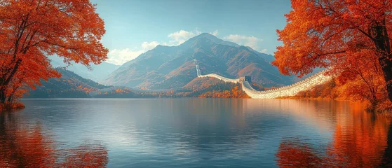 Gardinen Serene autumn landscape featuring a historic wall extending across a calm lake, framed by vibrant red foliage and majestic mountains under a clear sky © Supriyati Pixxel