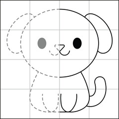 cute and simple dog drawing sketch with grid to learn how to draw for kids with gray dots trace drawing