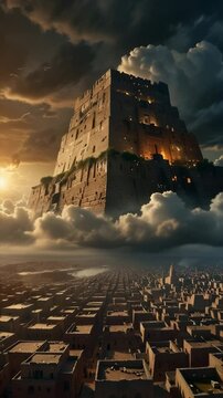 Tower of Babel, Majestic Ziggurat in Clouds Above Ancient City, Fantasy Architecture, Epic Biblical Scene, Dramatic Sunrise, 4K