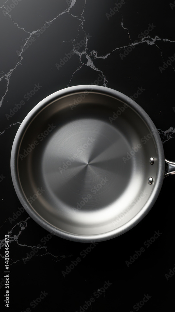 Poster a close-up image featuring a frying pan on a marble surface with a blurred background that suggests 