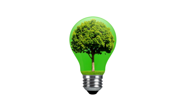 3D concept illustration of a green tree growing inside a transparent light bulb, symbolizing sustainable energy, eco-conscious innovation, and the harmony between technology and nature in Png 