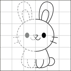 cute and simple bunny drawing sketch with grid to learn how to draw for kids with gray dots trace drawing
