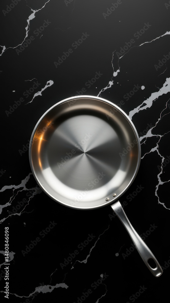 Poster a close-up view of a metal frying pan with a non-stick surface against a textured dark marble backgr