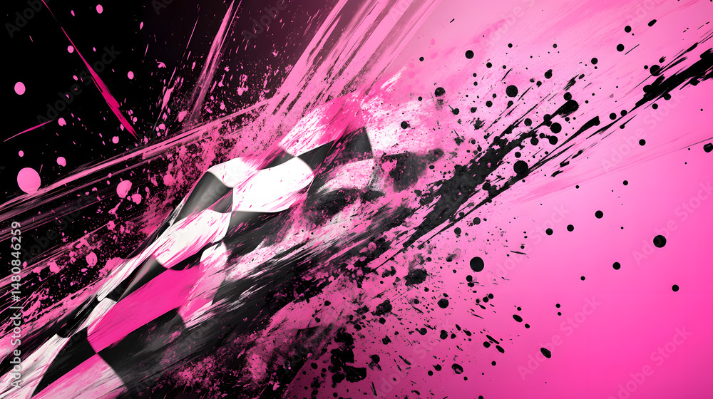 Poster bold abstract design featuring dynamic pink splashes and a checkered pattern, creating an energetic 