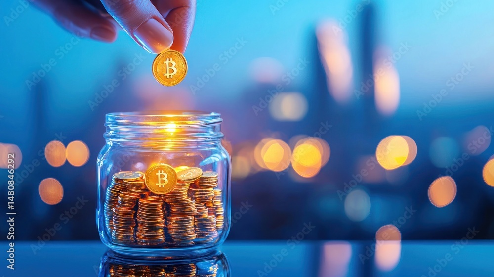 Poster bitcoin savings concept with a hand dropping a coin