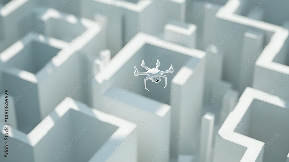 Poster a white drone navigates through a complex maze of white structures, showcasing advanced technology a