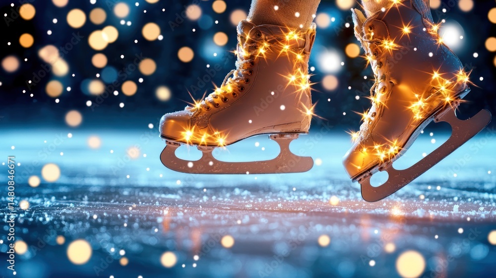 Poster ice skates adorned with twinkling lights stand on frozen surface