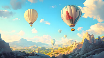 Fototapeta premium A serene view of colorful hot air balloons floating over a picturesque valley during a bright, sunny day.