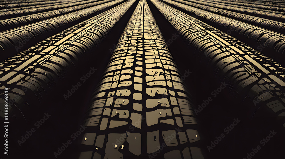 Poster an artistic view of tire treads with dramatic lighting, showcasing intricate patterns and textures.