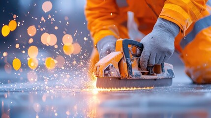 Worker uses handheld industrial floor scraper tool on concrete