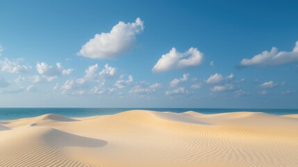 A panoramic view of a vast desert landscape with rolling sand dunes, a calm blue ocean, and a clear blue sky dotted with fluffy white clouds.