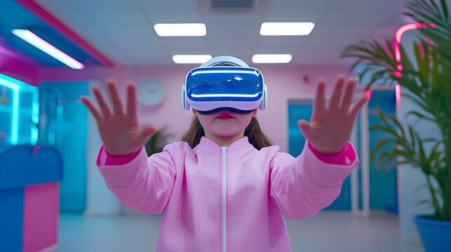 Girl Wearing Vr Headset Interacting in Neon Lit Room