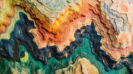 Colorful abstract wood texture with wavy patterns and vibrant hues, showcasing unique natural artistry.