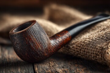 Elaborate tobacco pipe resting upon a coarse woven sack atop rustic reclaimed wood planks