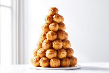 Fototapeta premium A delicious croquembouche of freshly baked profiteroles with shiny caramel, set against a light background