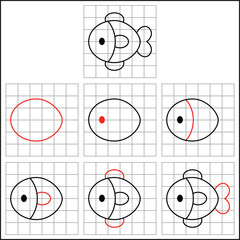 easy step by step cute fish drawing sketch with grids to learn how to draw for kids