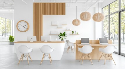 Bright modern office reception area with minimalist design elements