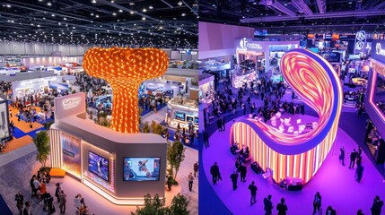 Crowded convention floor showcasing large interactive and illuminated booths