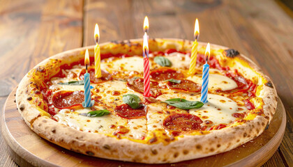 Pizza with birthday candles, wooden table. AI