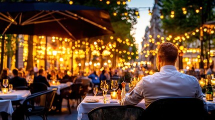Fototapeta premium Man sits at illuminated outdoor restaurant enjoying the evening