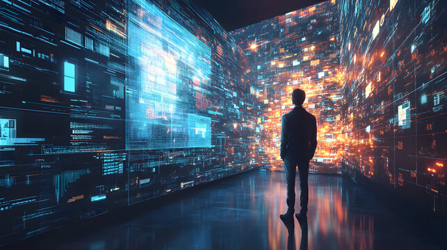 A man in a suit stands in a futuristic environment filled with data streams and digital visuals, symbolizing technology and innovation.