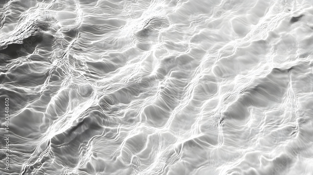 Poster intricate patterns of shimmering water surface in monochrome tones, creating a tranquil and ethereal