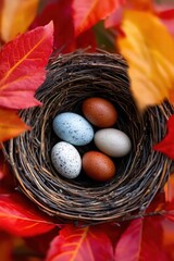 Colorful bird eggs in nest surrounded by vibrant autumn leaves