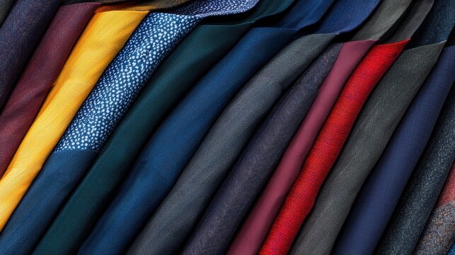A collection of colorful fabrics, including blue, red, and yellow, are neatly stacked.