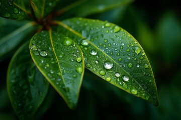 Detailed Close-up of Green Leaves Covered in Water Droplets After Rain