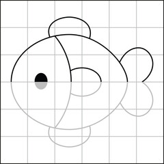 cute and simple fish drawing sketch with grid to learn how to draw for kids with gray trace drawing