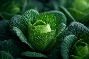Obraz premium Fresh vibrant green cabbage growing in field with detailed leaf texture and organic food crop, healthy eating and agricultural harvest