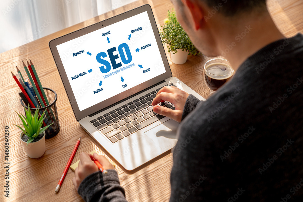 Poster seo search engine optimization for modish e-commerce and online retail business showing on computer 